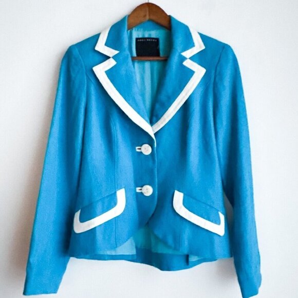 Ross Mayer LINEN Blue White Trim Two Button Fitted Summer Blazer 8 - Picture 1 of 6
